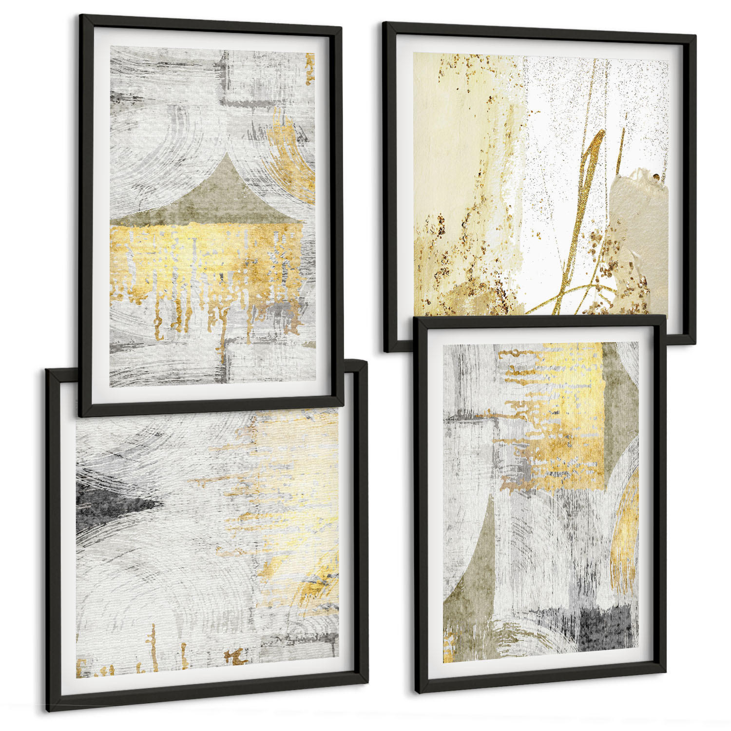 BILDER SET 4er Set - 50x50 cm & 40x60 cm Schwarzer Rahmen - Abstrakte minimalistische Muster - Schwarz, Kunststoff (50/50cm) - TULUP