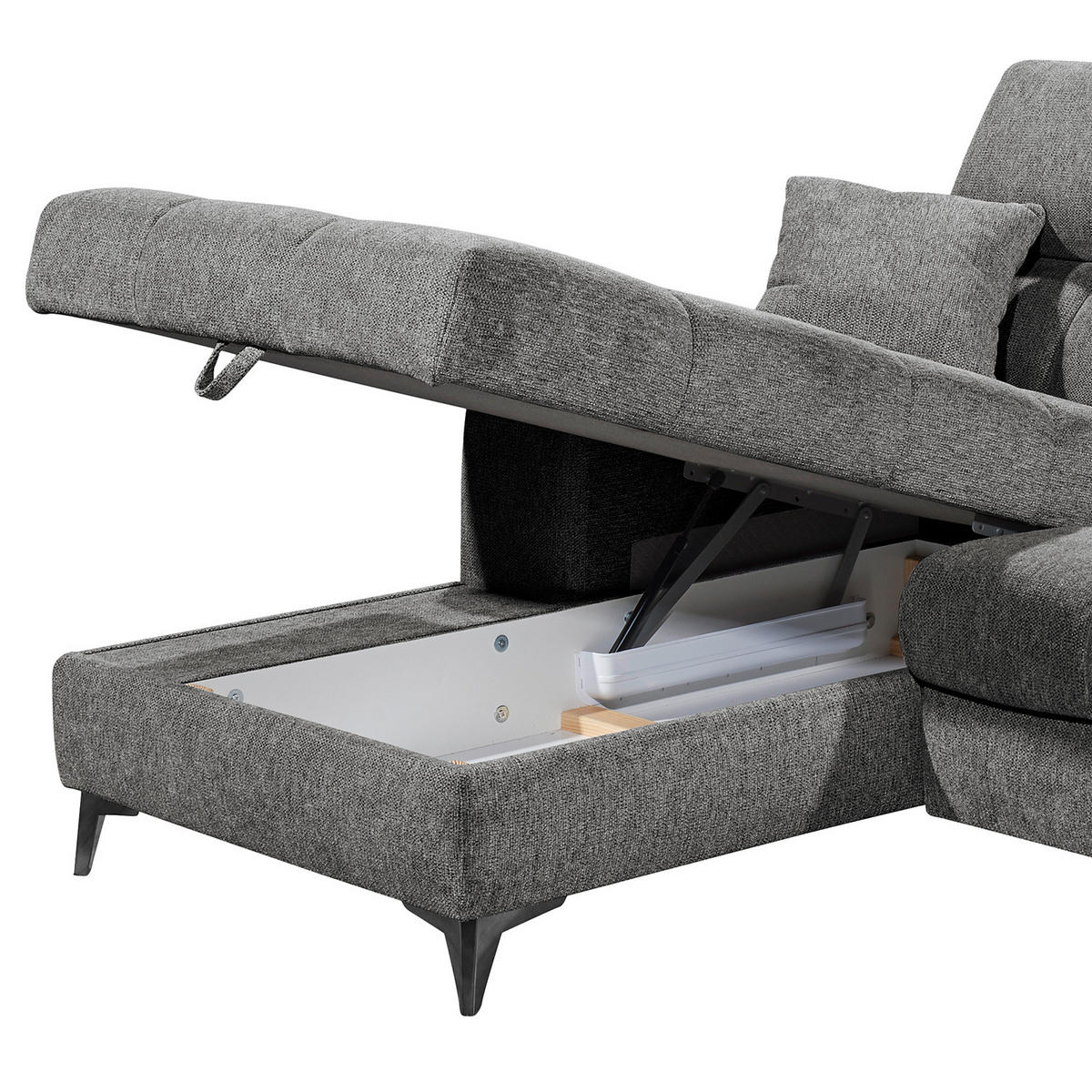 ECKSOFA mit Longchair - Kopfstütze verstellbar, Schlaffunktion, Bettkasten - Anthrazit/Schwarz, Kunststoff/Textil (268/172cm) - home24