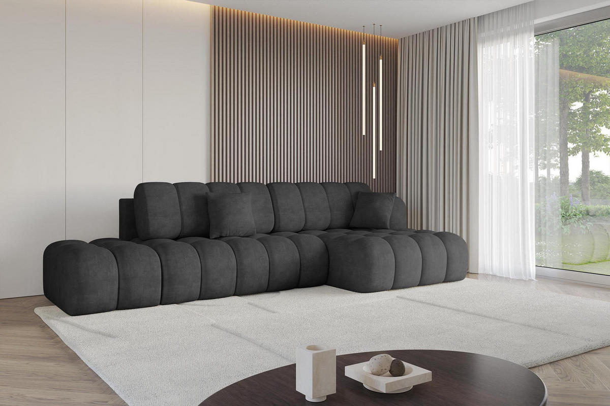 ECKSOFA mit Schlaffunktion Ottomane RECHTS OLEA-L2 321x164x75 Dunkelgrau Velours - Dunkelgrau/Schwarz, Holzwerkstoff/Kunststoff (164/321cm) - ALTDECOR
