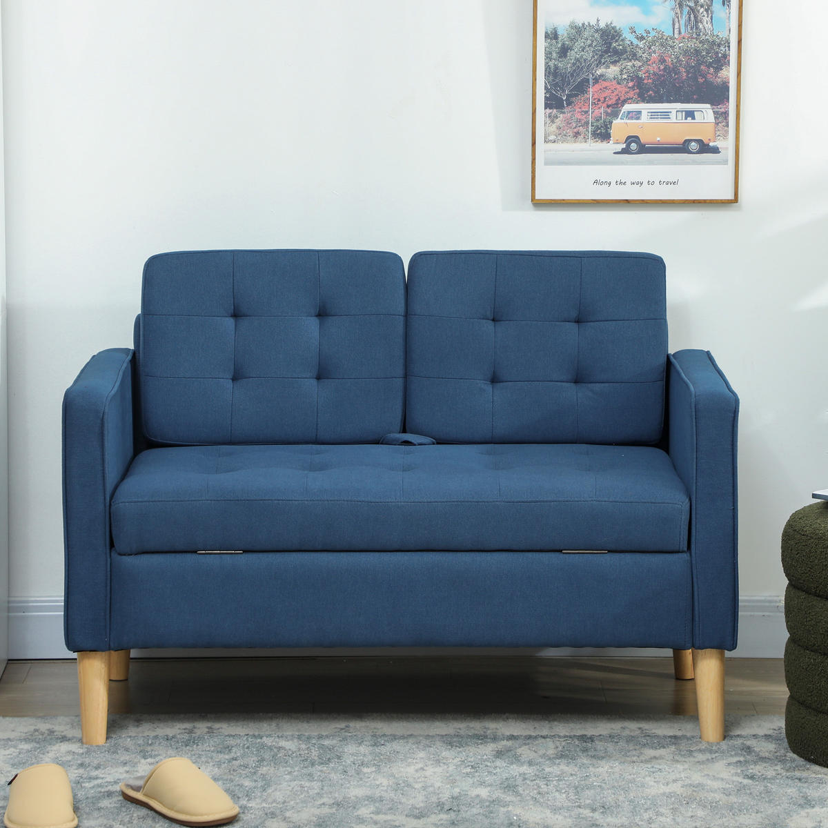 ZWEISITZER-SOFA DE-06501 Knopfheftung, Kautschukholz Blau - Blau, Holz/Textil (117/78/62cm) - ComfortXL