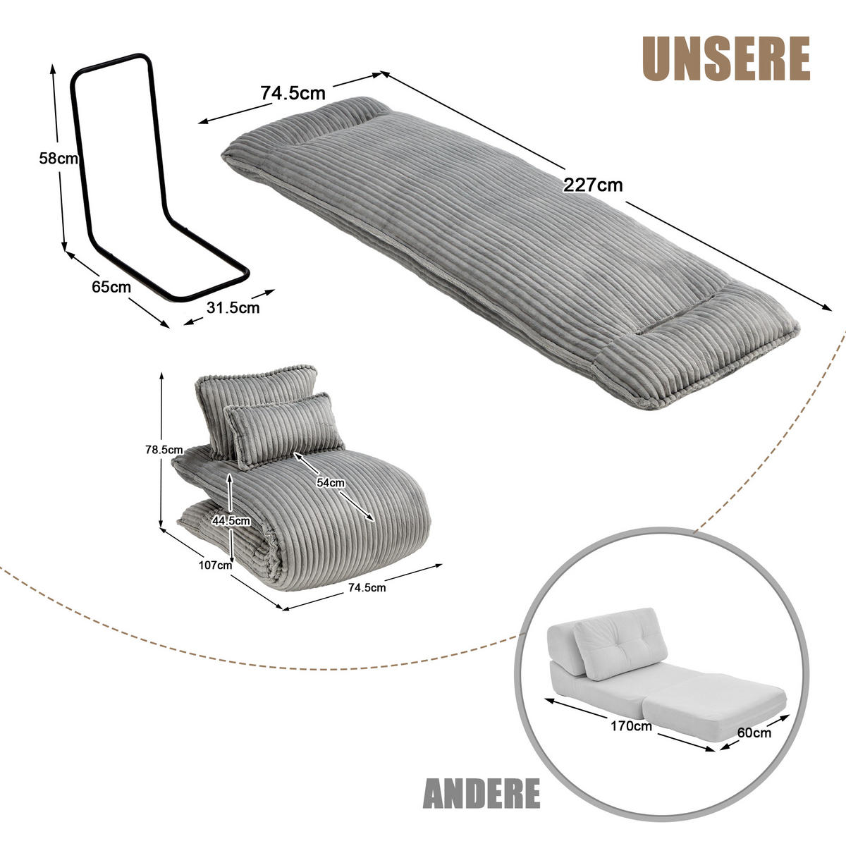 SCHLAFSESSEL 2-in-1, Cord, Metall--Rückenlehne, 227cm Länge, Beige - Grau, Textil/Metall (74.5/78.5/107cm) - LVHOM