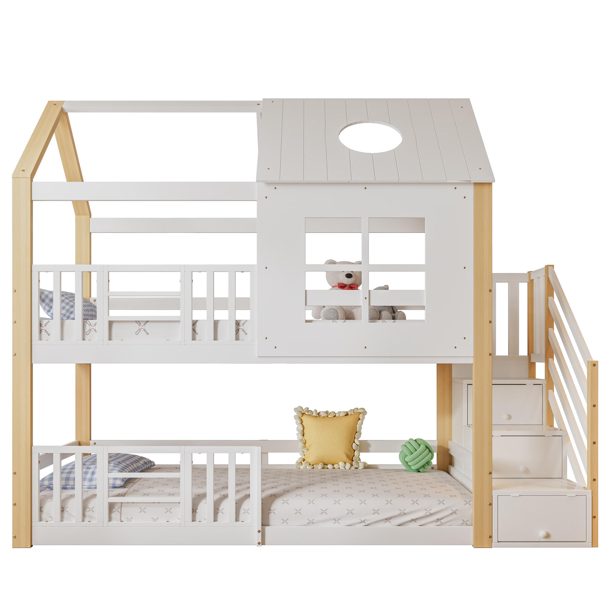 DOMČEKOVÁ posteľ, 90/200 cm, masívne drevo a MDF biela/prírodná, s úložnými schodmi - biela, drevo (90/200cm) - BEAOK