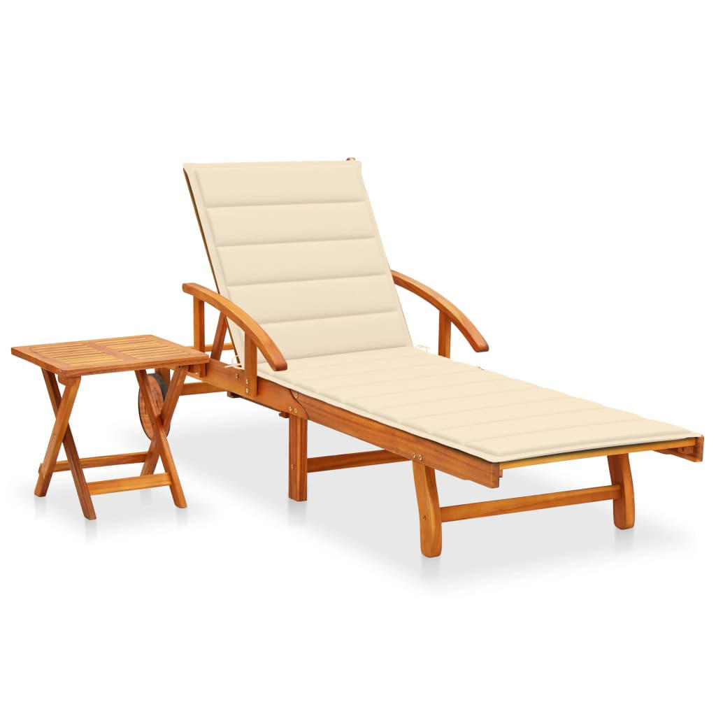 SONNENLIEGE mit Tisch und Auflage Akazie Massivholz - Creme, Holz (67/85/200cm) - furnicato