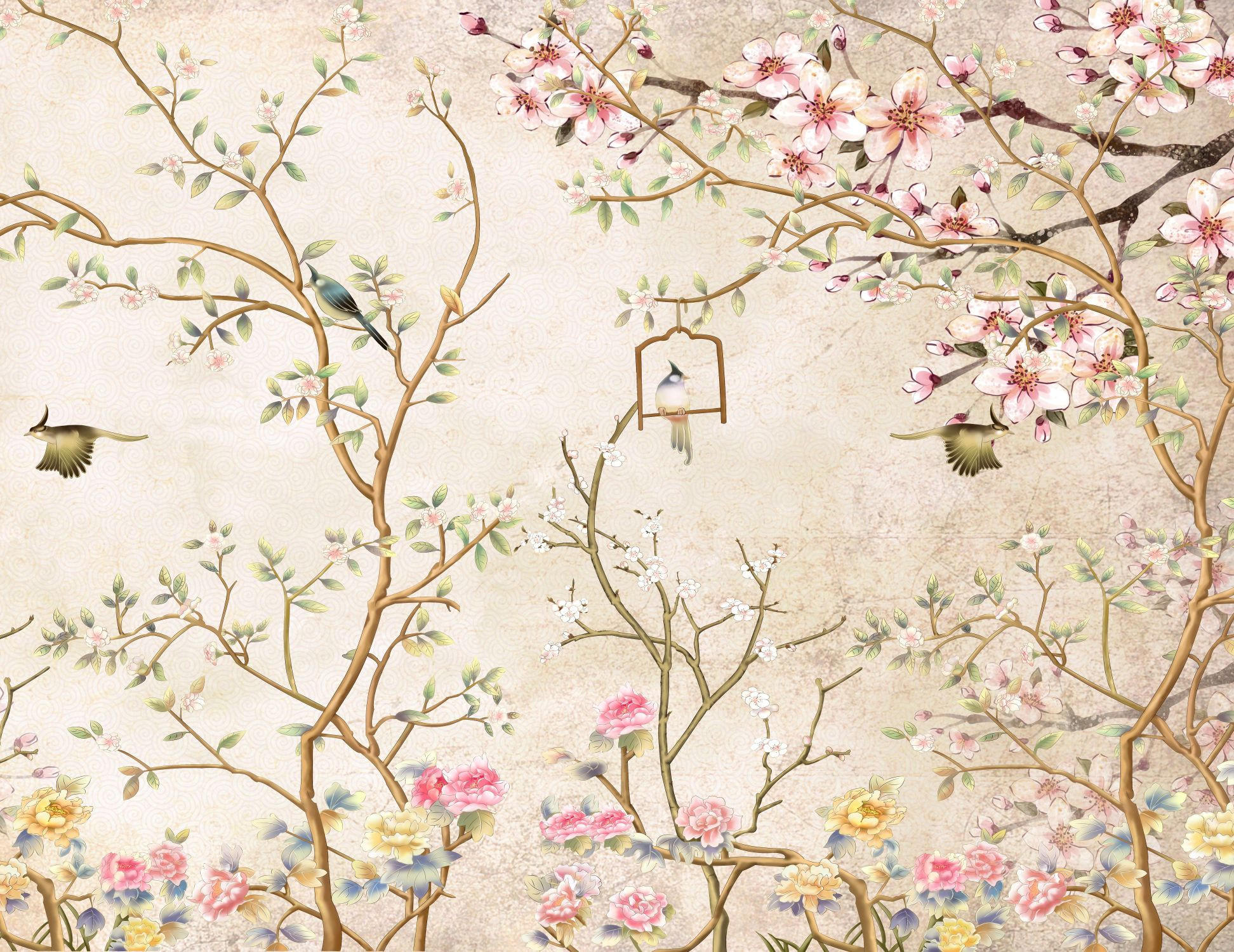 FOTOTAPETE Blumen und Vögel 350 x 270 cm - Beige, Papier (350/270cm) - Sanders & Sanders
