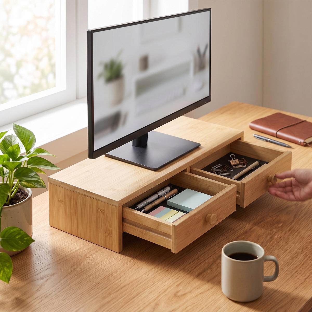 MONITORSTÄNDER Braun Holzoptik MDF 2 Schubladen - Hellbraun, Holzwerkstoff (18/47/12.5cm) - Relaxdays