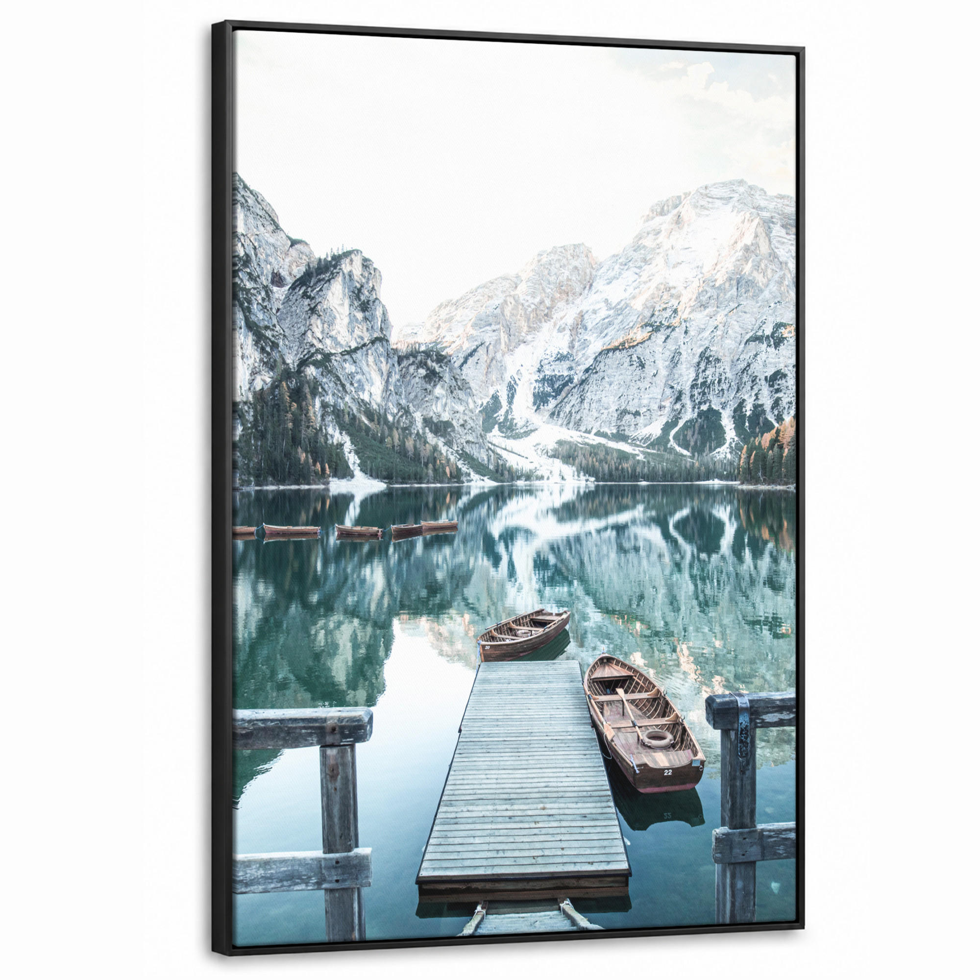 LEINWAND Bilder mit Rahmen - Natur - Berge - Schnee - Wald - Boot - 90x140 - Hellgrün, Textil (90/140cm) - MuchoWow