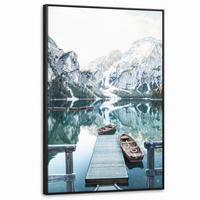LEINWAND Bilder mit Rahmen - Natur - Berge - Schnee - Wald - Boot - 90x140 - Hellgrün, Textil (90/140cm) - MuchoWow