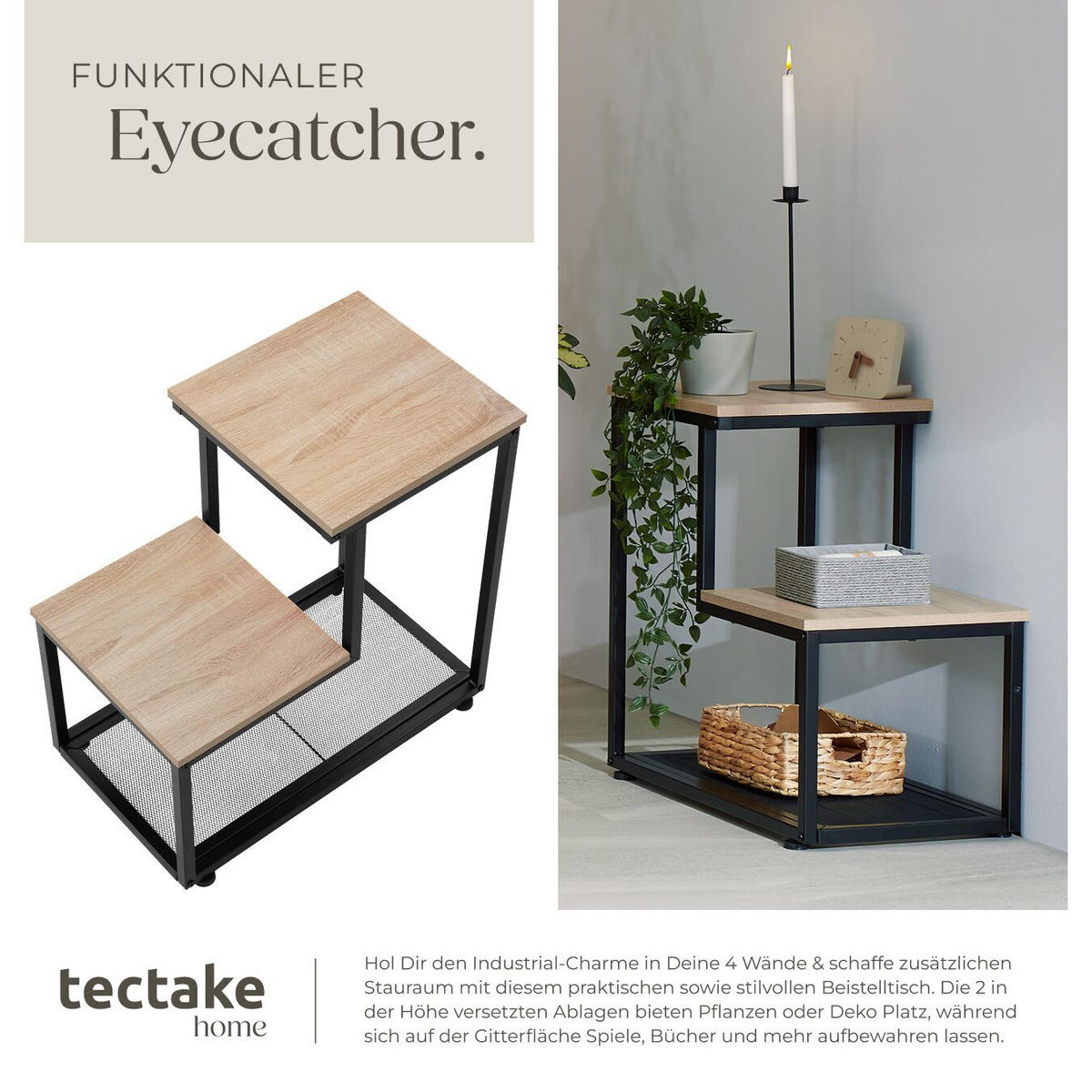 BEISTELLTISCH Halifax,60,5 x 35,5 x 60,5 cm,Industrial Holz hell, Eiche Sonoma - Naturfarben, Holz (60.5/35.5/60.5cm) - tectake