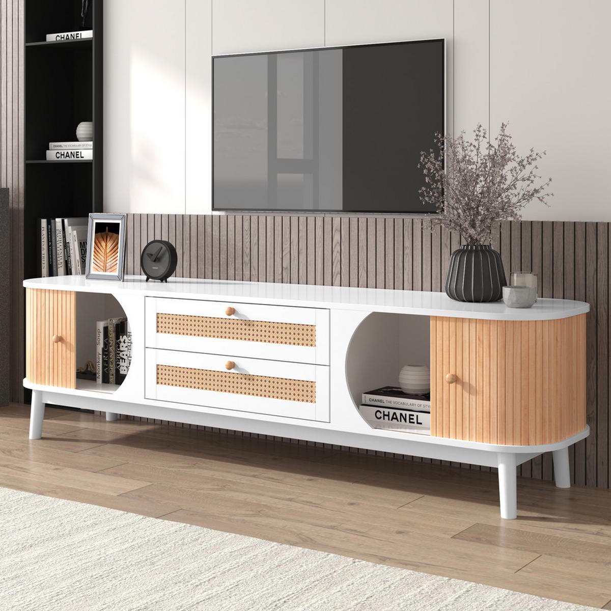 TV-SCHRANK Landhausstil mit Türen & Schubladen Rattanseiten Weiß - Weiß, Holz (47/8/184cm) - FLIEKS