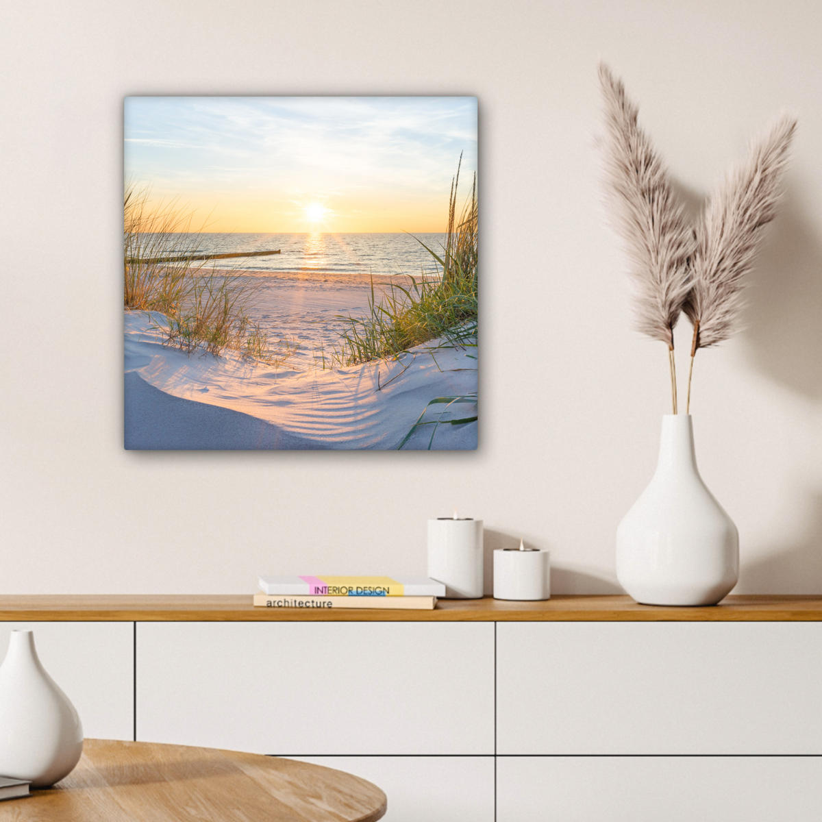 LEINWANDBILD Strand - Sonne - Düne - Gras - Sand - Horizont Wandbild Wohnzimmer 50x50 cm - Hellblau, Textil (50/50cm) - MuchoWow