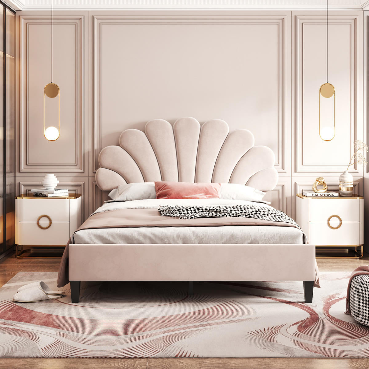 POLSTERBETT mit Blumen-Kopfteil 140x200 cm Samt Beige - Beige, Metall (140/200cm) - Meubliv