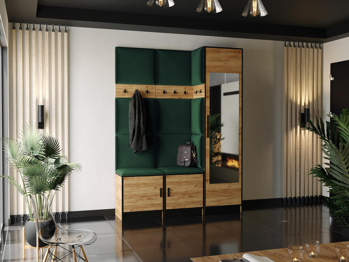 GARDEROBE ROJ 20 - 159,6x205x39cm Eiche Craft Gold + Stoff Grün - Honigeiche/Dunkelgrün, Holzwerkstoff (159.6/205/39cm) - Kier Furniture