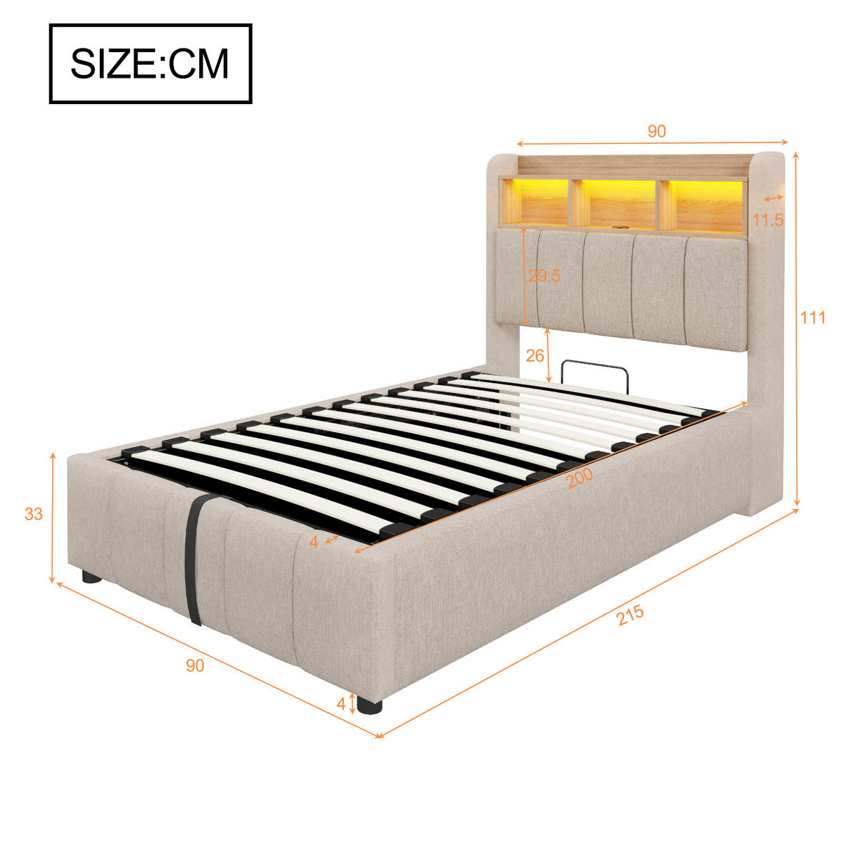 POLSTERBETT 90/200 cm Beige aus Leinenstoff mit LED-Beleuchtung und Stauraum - Beige, Textil (90/200cm) - OKMYHOME