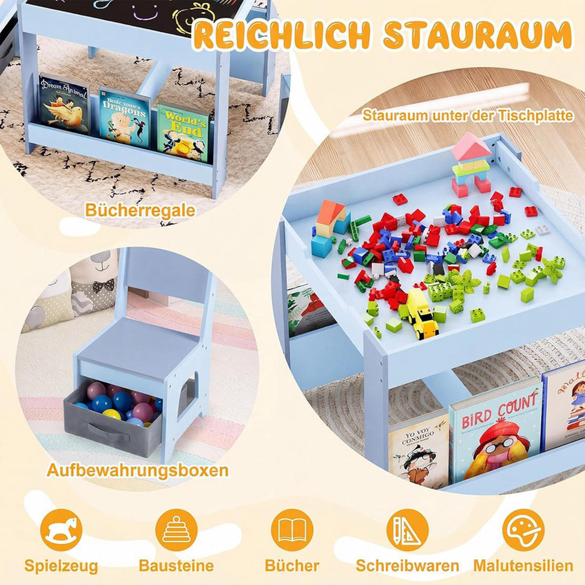 KINDERTISCH mit Stuhl blau(3-tlg) - Blau, Holzwerkstoff (62/56.5/62cm) - COSTWAY
