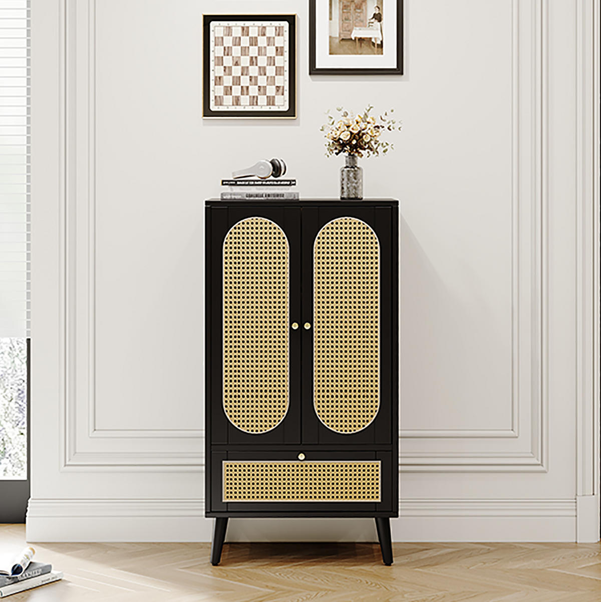 SIDEBOARD 60/40/110,5 cm aus Spanplatte mit Rattan-Fronten Schwarz - Schwarz, Holzwerkstoff (40/110.5/60cm) - Modenvie