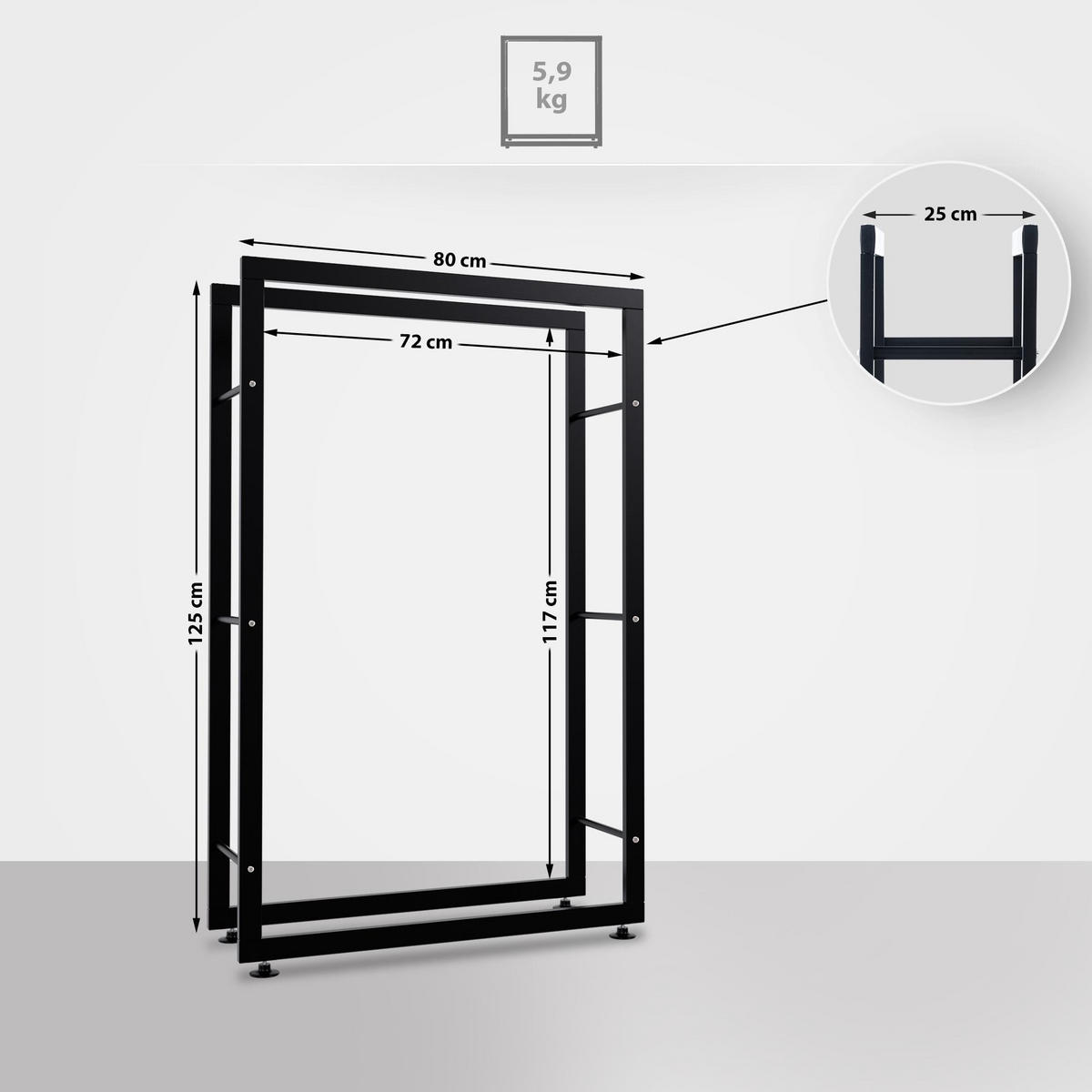 KAMINHOLZREGAL 80/25/125 cm Metall schwarz - Schwarz, Metall (80/125/25cm) - CLP