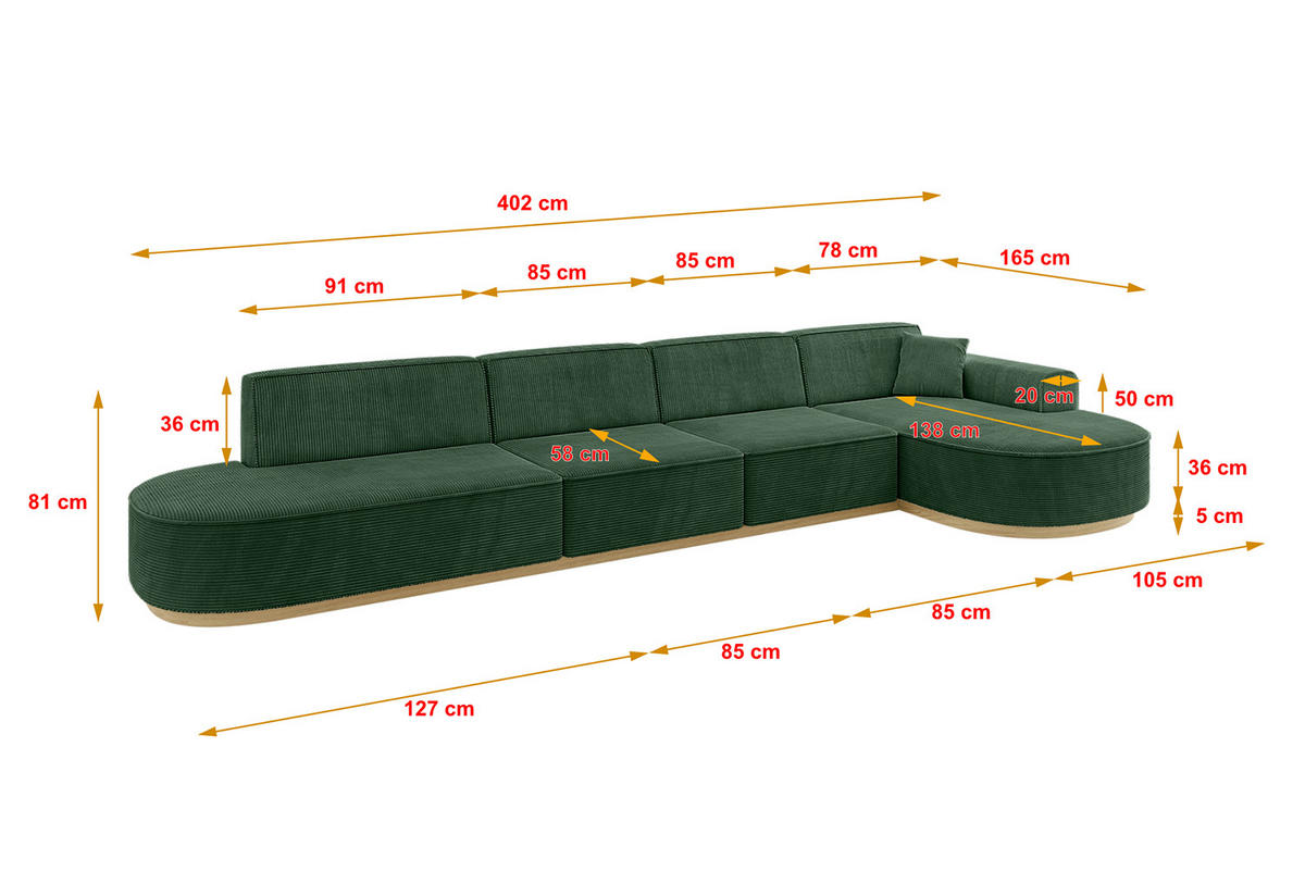 ECKSOFA Ottomane Rechts MARI-L3-v2 - 413x171x83 cm Grün Cord - Grün, Holzwerkstoff/Textil (171/413cm) - ALTDECOR