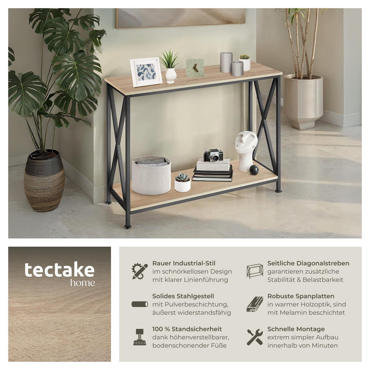 KONSOLENTISCH Tacoma,100 x 35 x 80,5 cm,Industrial Holz hell, Eiche Sonoma - Naturfarben, Holzwerkstoff (100/35/80.5cm) - tectake