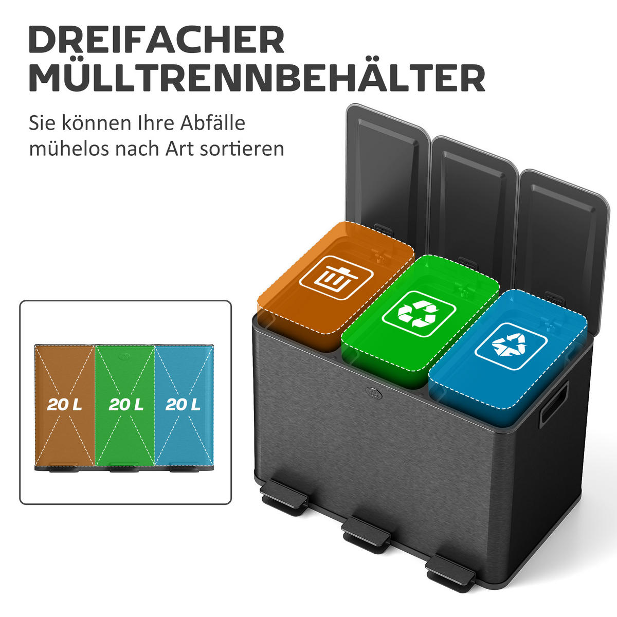 MÜLLEIMER 3x20L Abfalleimer aus Edelstahl mit Softclose Deckel Deodorant-Fächern - Schwarz, Metall (36.6/56.7/61.9cm) - HOMCOM