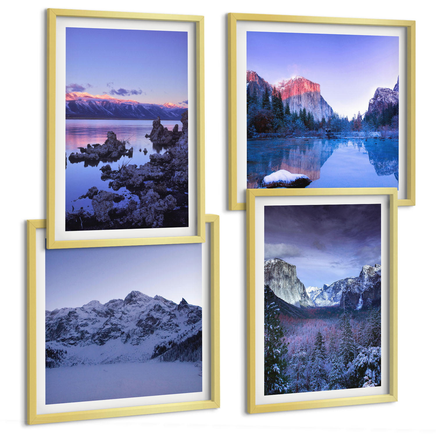 BILDER SET 4er Set - 50x50 cm & 40x60 cm Goldrahmen - Berglandschaften, Sonnenuntergang, Wasser - Goldfarben, Kunststoff (50/50cm) - TULUP