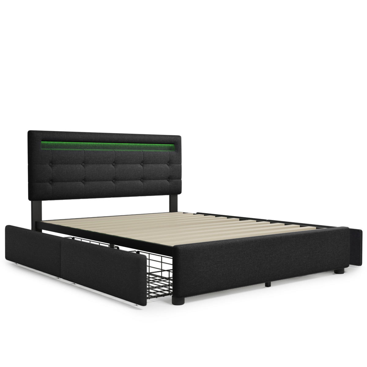 BETT mit LED und 4 Schubladen 140x200 cm Leinen Schwarz - Schwarz, Metall (140/200cm) - Meubliv