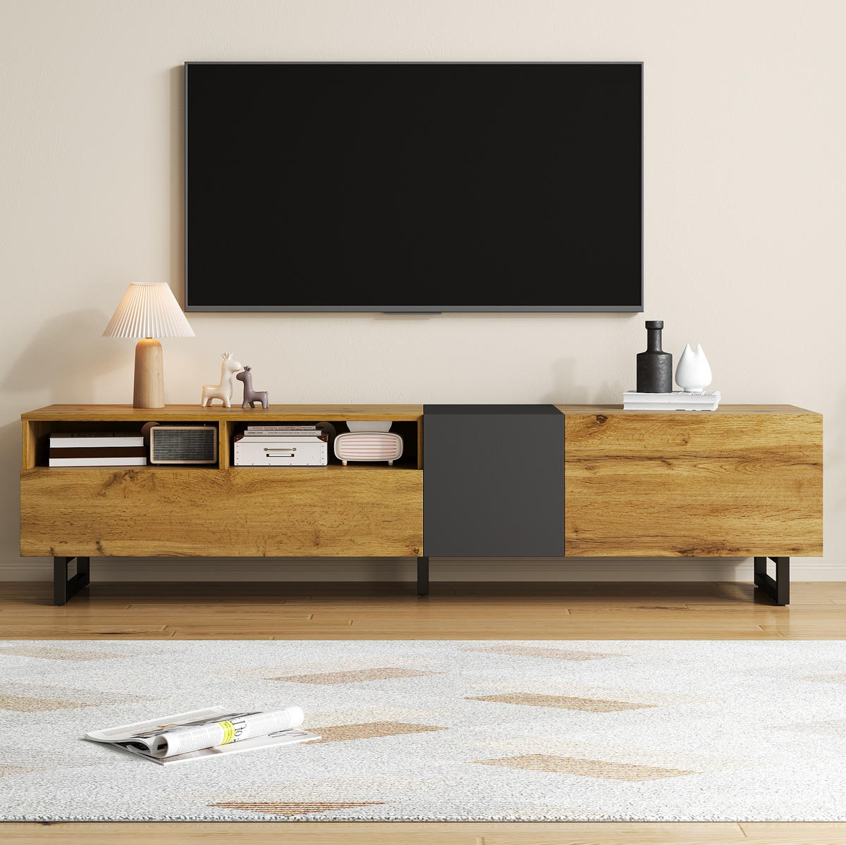 LOWBOARD 170/42/36,5 cm aus Spanplatte mit 3 Türen und 2 offenen Fächern Dunkelgrau/Natur - Naturfarben, Holzwerkstoff (170/42/36.5cm) - Modenvie
