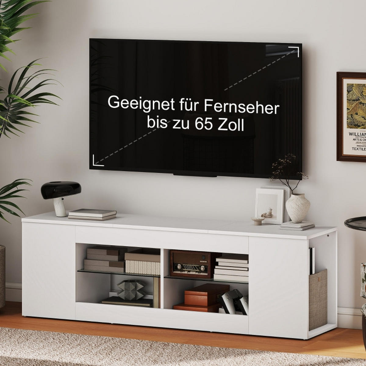 TV-LOWBOARD 140/35/42,5 cm Weiß aus Glas und Spanplatte mit 6 Fächern - Weiß, Glas (140/42.5/35cm) - OKWISH