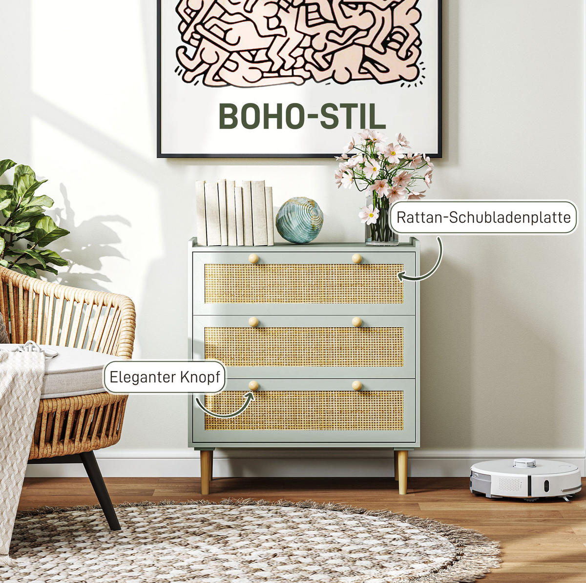 KOMMODE aus Holzwerkstoff 80x40x87,5 cm Hellblau mit 3 Schubladen und Rattanoptik - Hellblau, Holzwerkstoff (80/87.5/40cm) - Modfu