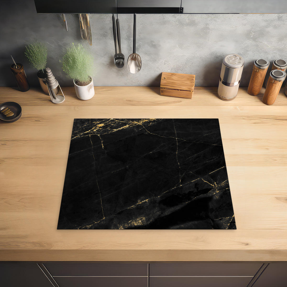HERDABDECKPLATTE Marmor - Schwarz - Gold - Chic - Marmoroptik - Design Ceranfeldabdeckung 59x52 cm - Schwarz, Kunststoff (59/52/0.2cm) - MuchoWow
