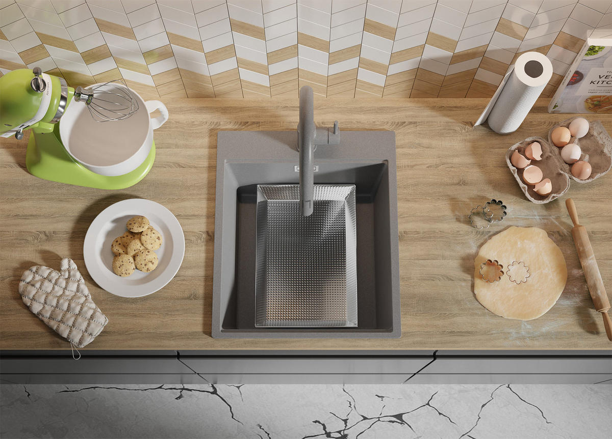 SPÜLBECKEN Oslo, 2-er set Grau 43/50 cm 1 Becken + Ablauf-Set + Schneidebrett ab 45er Unterschrank - Beige/Grau, Kunststoff (43/20/50cm) - Primagran