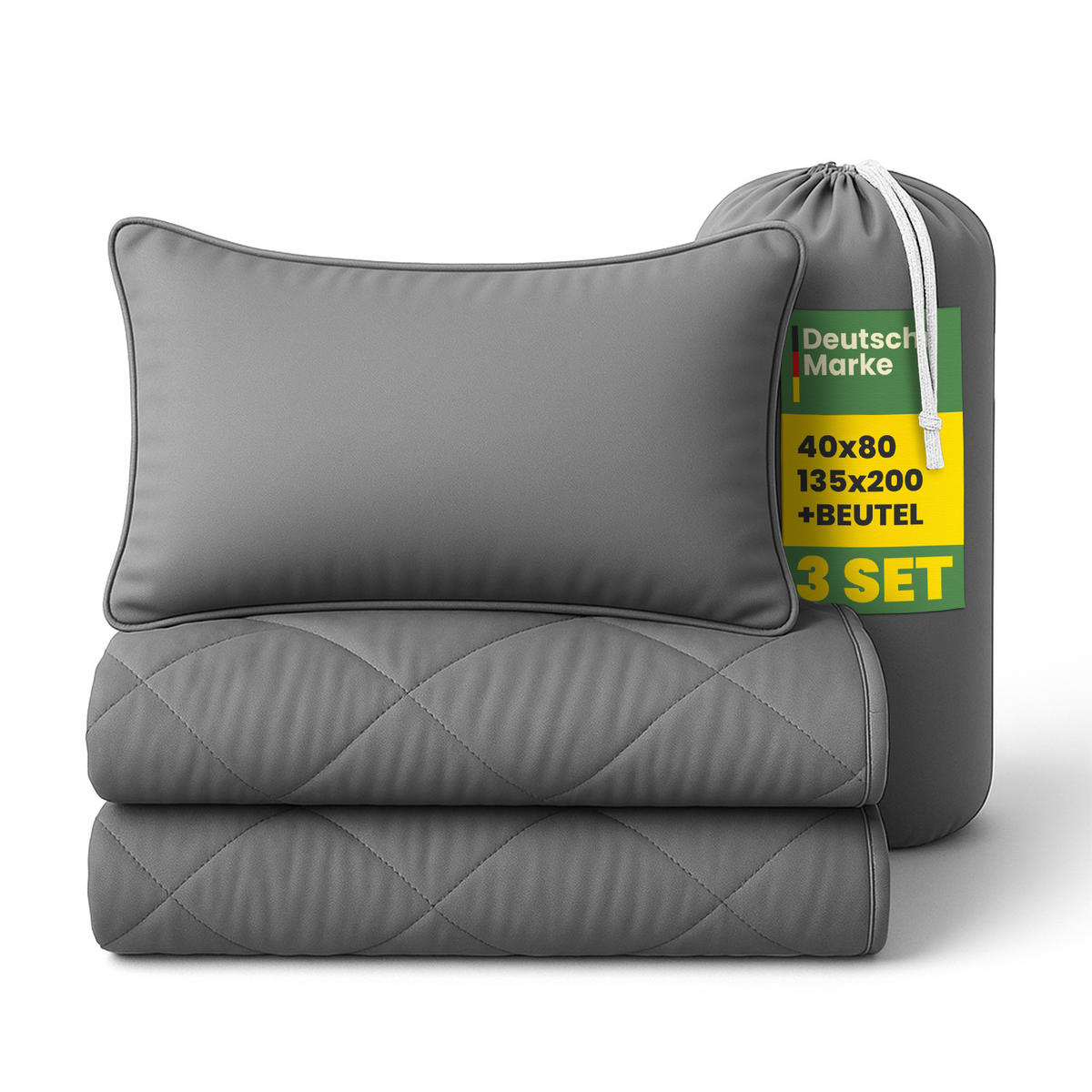 BETTENSET 2tlg. Reise Set ( Sommer Steppdecke 135x200cm + Kissen 40x80cm) - Anthrazit - Anthrazit, Textil (135/200cm) - Bestlivings