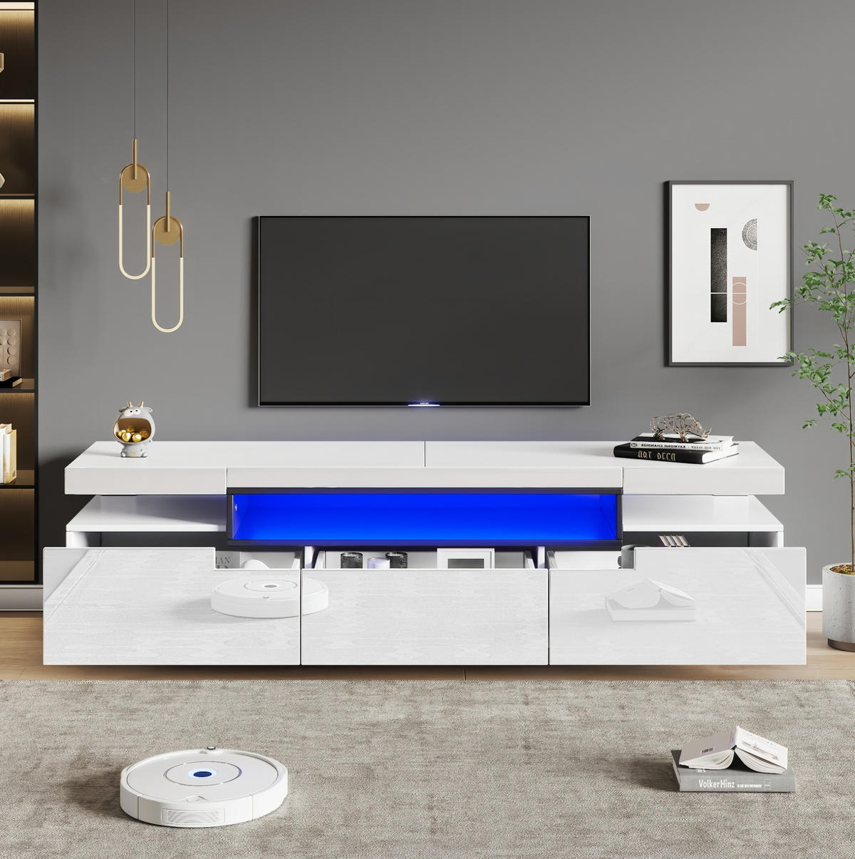 TV-ELEMENT mit LED und 3 Schubladen 160 cm Weiß Hochglanz - Weiß, Holzwerkstoff (39/42/160cm) - Beauniv