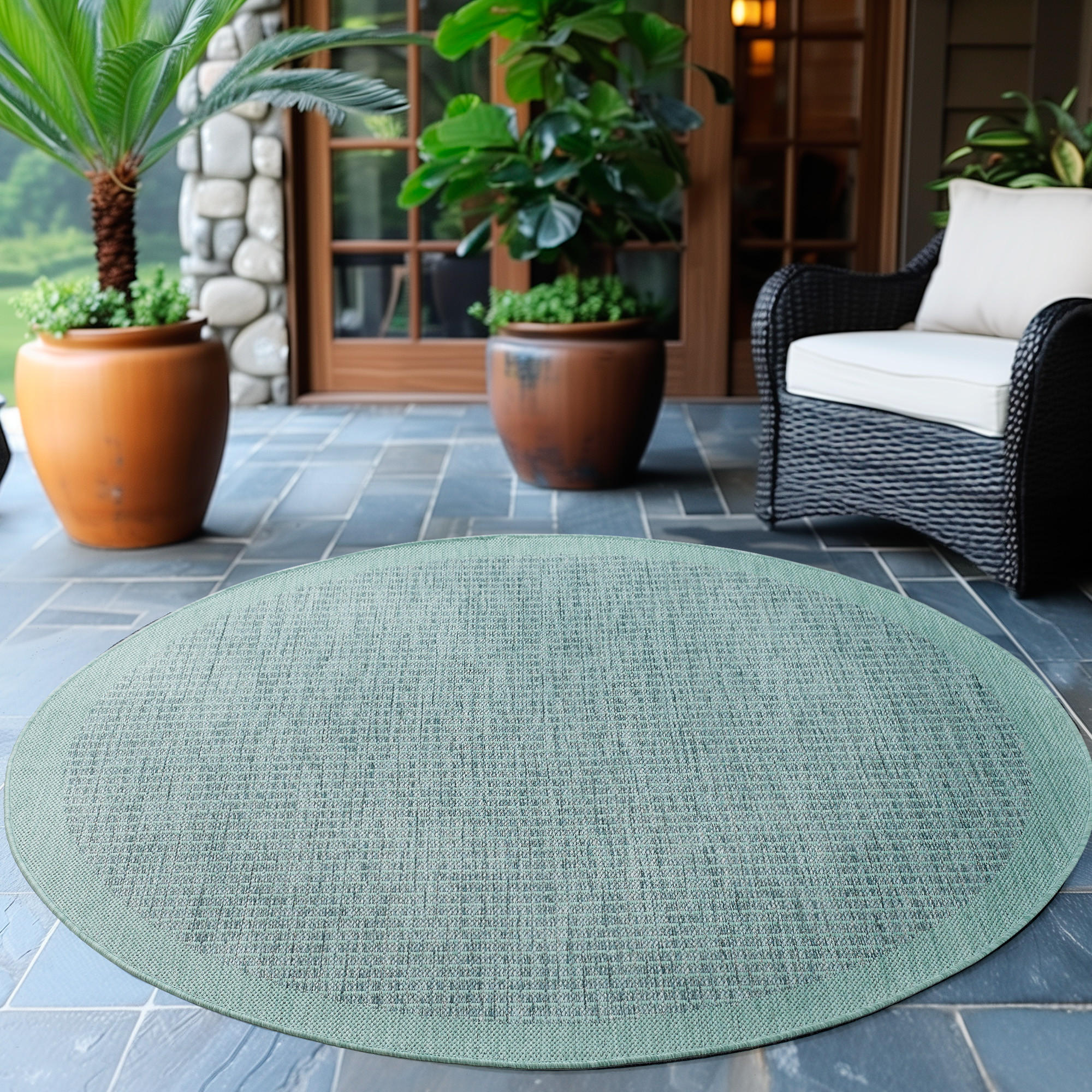 TEPPICH Outdoor Flachgewebe Uni-Farbe Polypropylen Balkon Blau Rund 120x120 - Blau, Textil (120/120cm) - KADIMA DESIGN