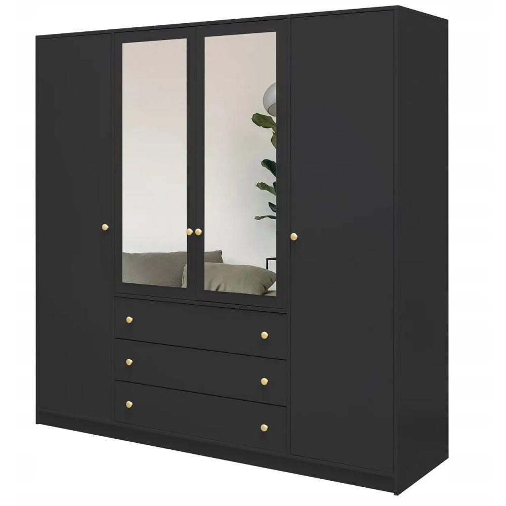 DREHTÜRENSCHRANK Solea mit 4 Türen und 3 Schubladen, Schwarz - Goldfarben/Schwarz, Holzwerkstoff (196/200/58cm) - Beautysofa