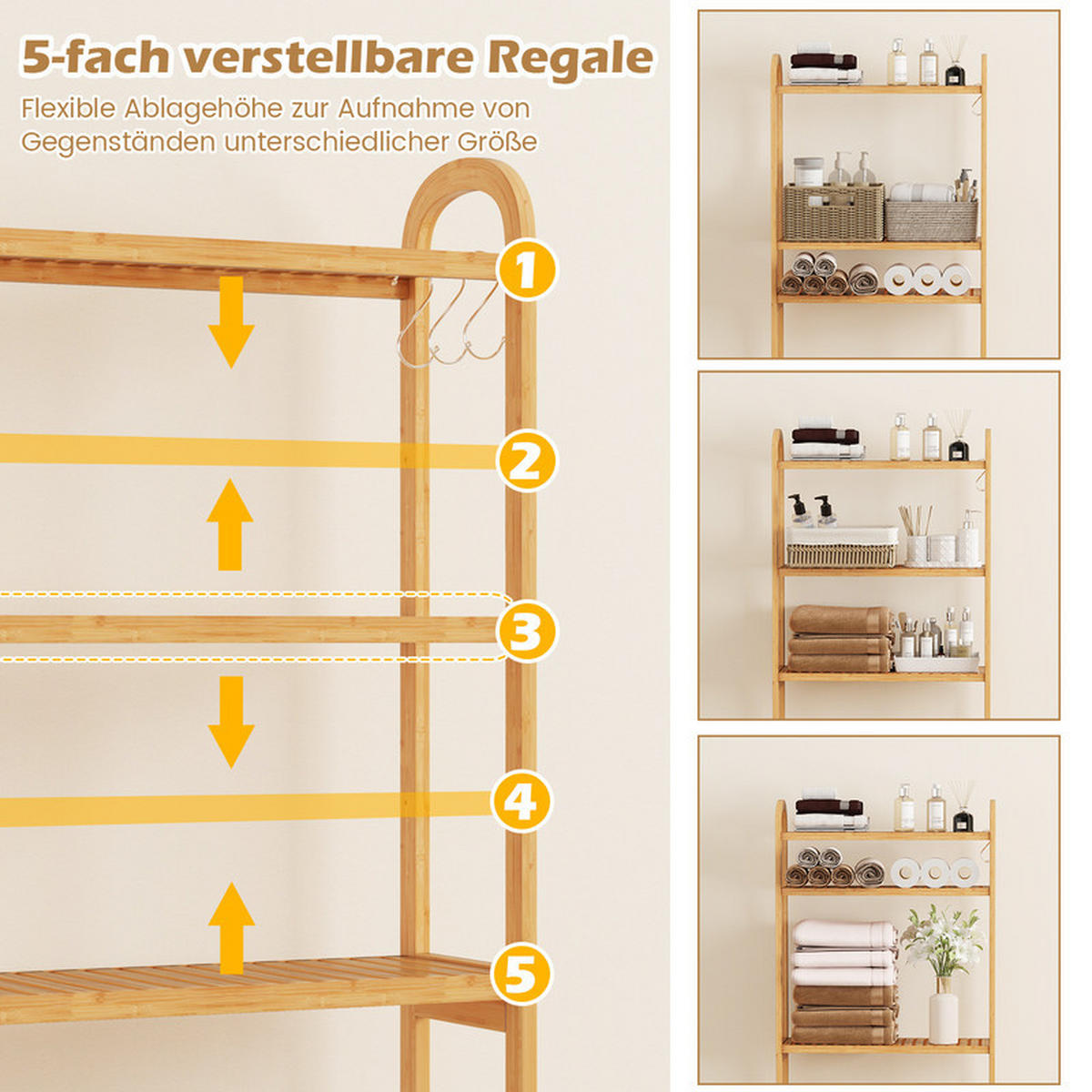 TOILETTENREGAL aus Bambus natürlich - Naturfarben, Naturmaterialen (71.5/166/25cm) - COSTWAY