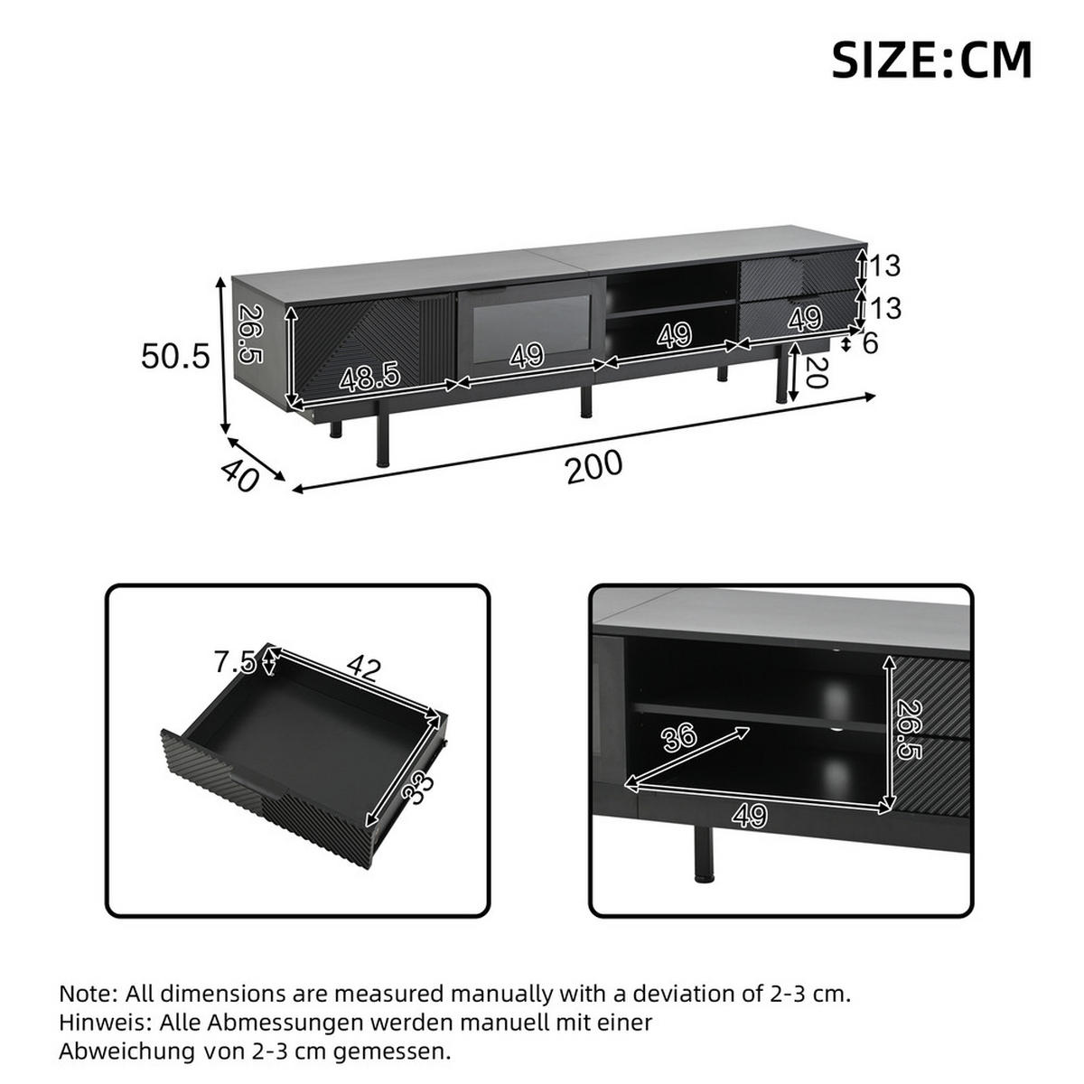 TV-SCHRANK 200x40cm Modern Schwarz 2 Türen 2 Schubladen Stauraum bis 80 Zoll - Schwarz, Holz (46.02/19.3/71.12cm) - FLIEKS