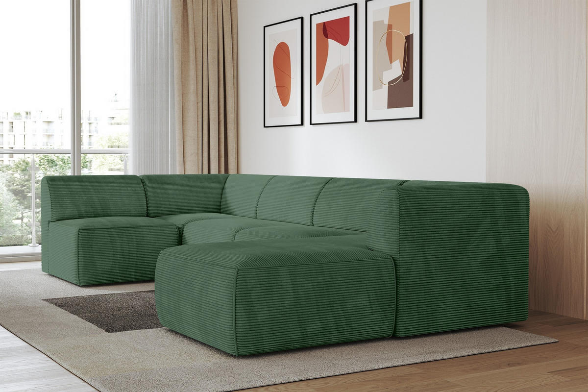 WOHNLANDSCHAFT Ottomane Rechts MOVA 345x180x78 Grün Cord - Waldgrün/Schwarz, Holzwerkstoff/Kunststoff (345/78/180cm) - ALTDECOR