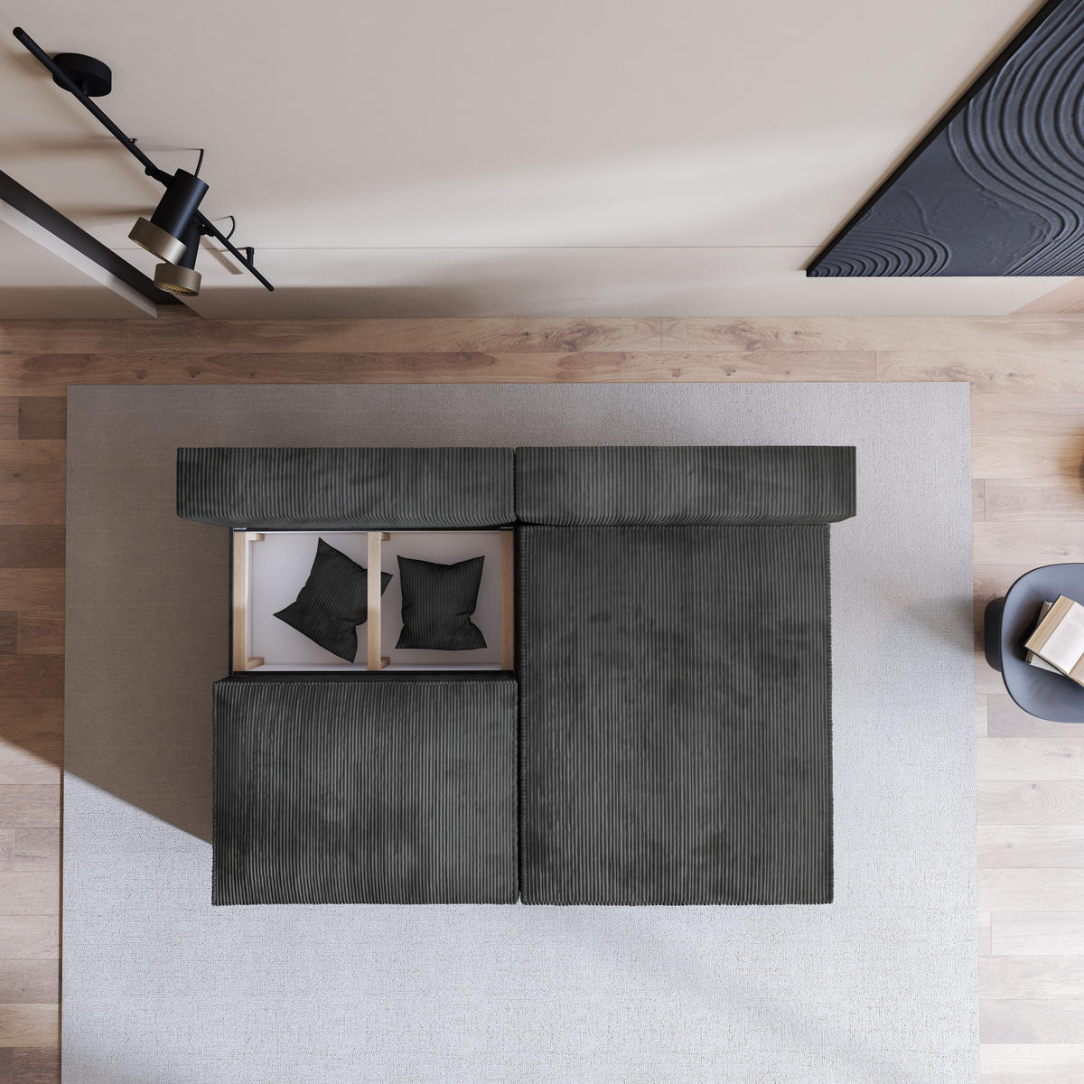 ECKSOFA FIORO P Graphitfarben Kordstoff mit Schlaffunktion - Graphitfarben, Holz (204/148cm) - MASSENO