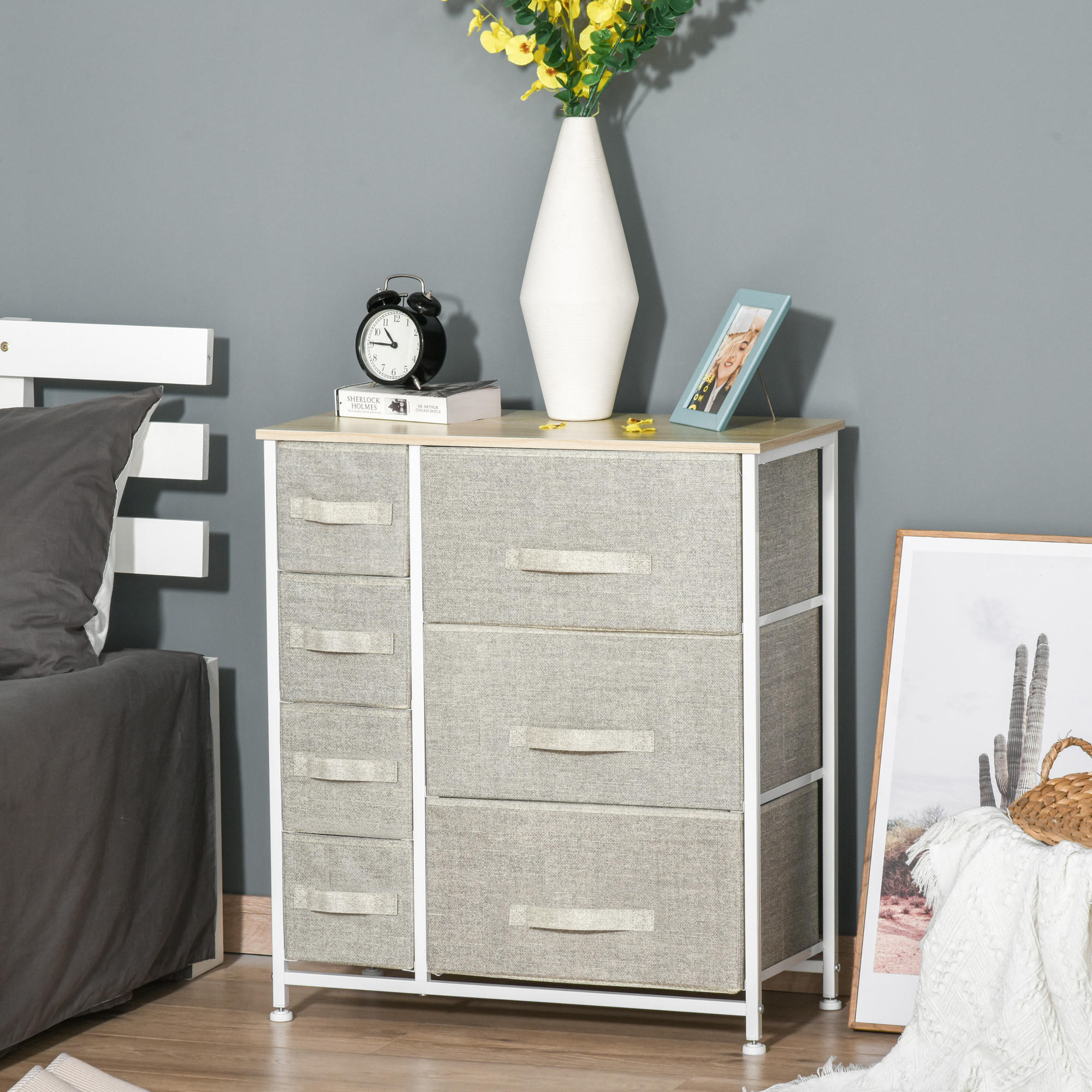 KOMMODE, Sideboard, 7 Stoffschubladen, Metallgestell, 63,5x30x71cm, Hellgrau - Hellgrau, Metall (30/71/63.5cm) - HOMCOM