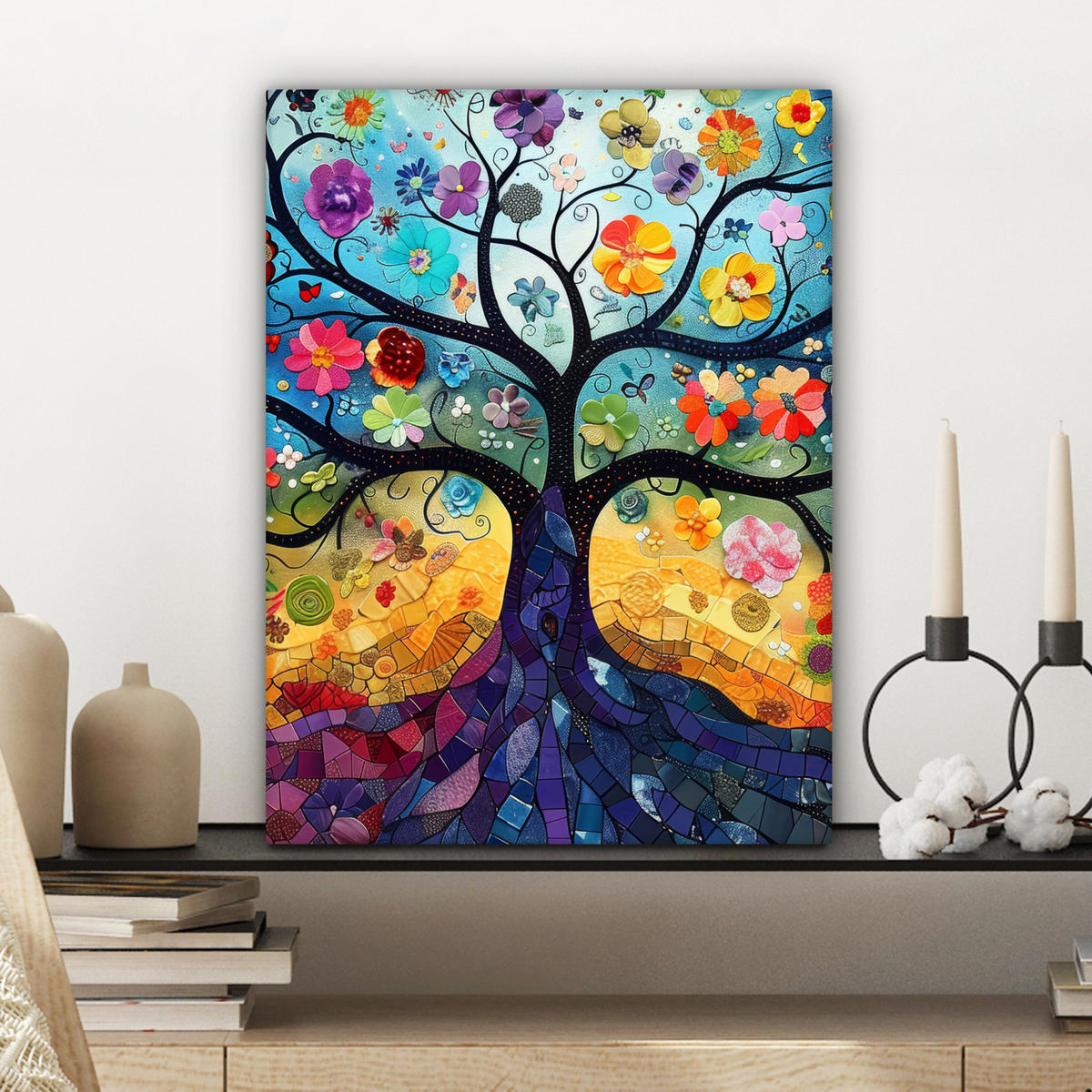 LEINWANDBILD Kunst - Baum des Lebens - Blumen - Hippie 30x40 cm - Dunkelblau, Textil (30/40cm) - MuchoWow