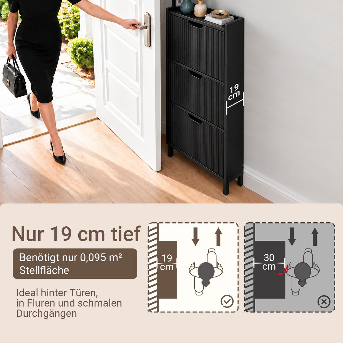 COMODĂ de intrare cu trei sertare, design modern - negru, compozit lemnos/metal (50/130/19cm) - SoBuy