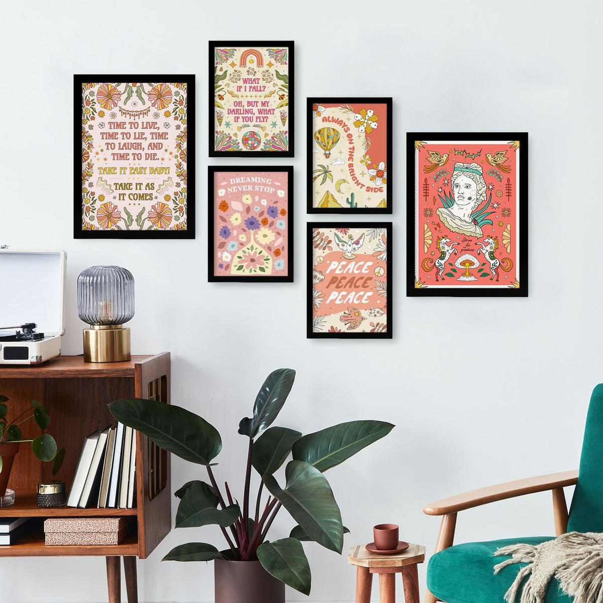 POSTER Set Mit 6 Drucken Von Pink In Brilliant Groovy Style Postersammlung Dekorative Rahmen Für Ihr Zuhause Wandkunstdruck A3 & A4 Schwarzer Rahmen - Schwarz, Papier (29/3cm) - Nacnic