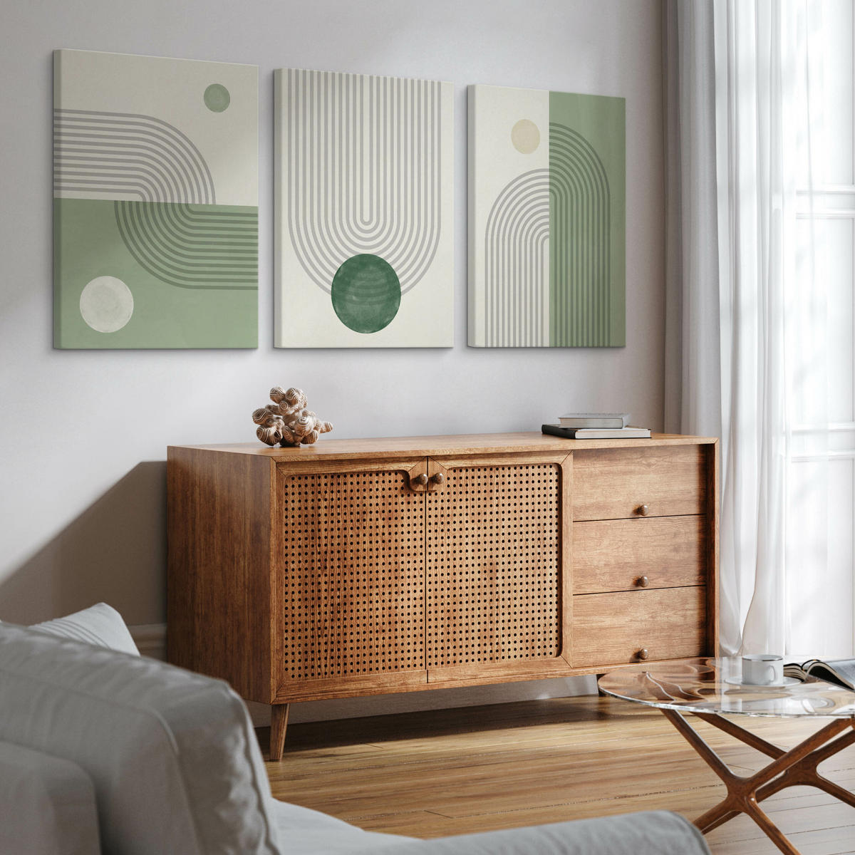 LEINWANDBILDER 3-es Set Geo-Muster Boho - Beige/Grün, Textil (90/40cm) - Muralo