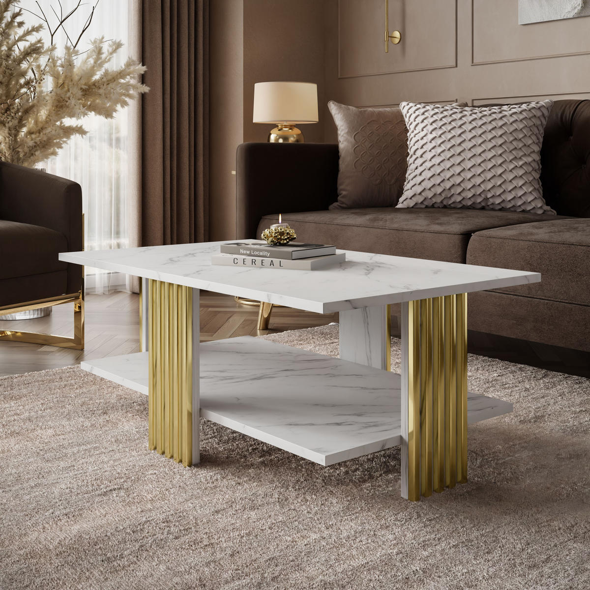 COUCHTISCH SAPHIRA GOLD mit Ablageboden, Weißer Marmor - Weiß, Holzwerkstoff (60/100/40cm) - Lookway