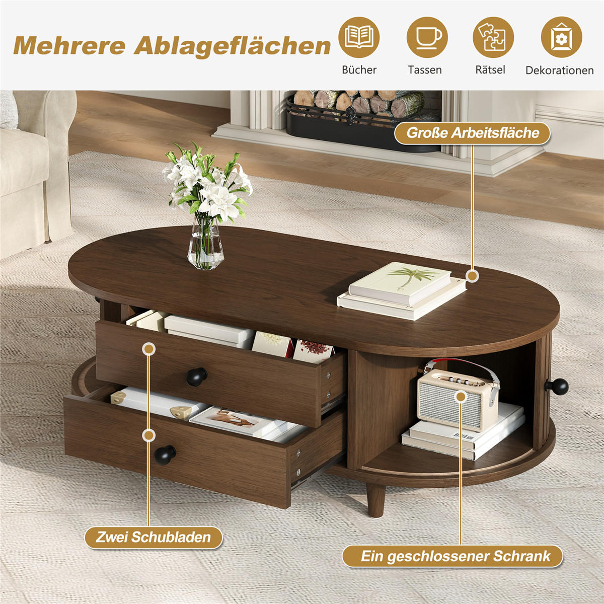 COUCHTISCH Walnuss 100/50/36 cm Schiebetüren Schubladen - Walnussfarben, Holz (50/100/36cm) - Kaket