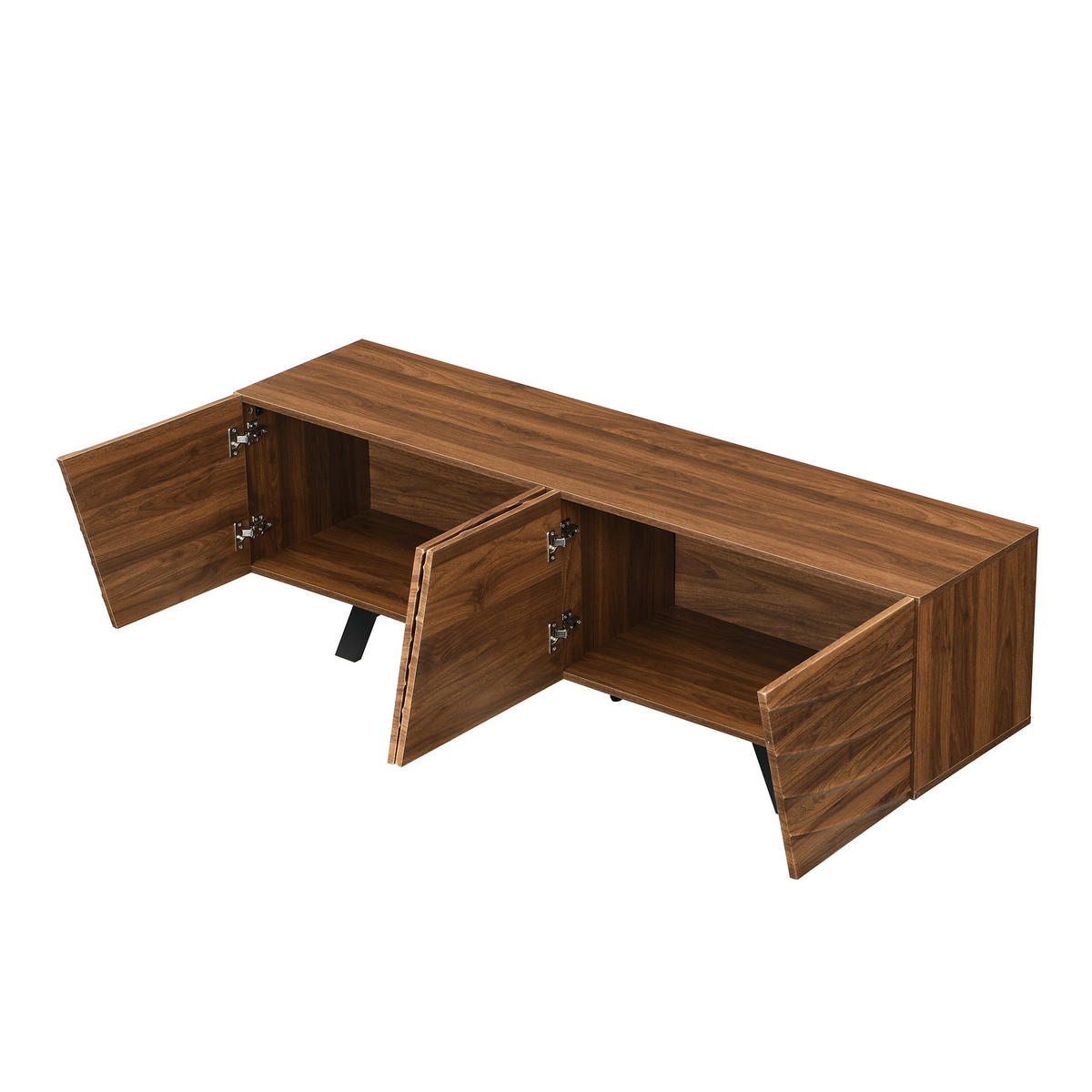 LOWBOARD in Walnussfarben TV-Schrank mit Wellenfront und schwarzen Eisenbeinen für Wohnzimmer, B160/T39/H50.5 cm - Walnussfarben/Schwarz, Holzwerkstoff/Metall (160/50.5/39cm) - STILVORA
