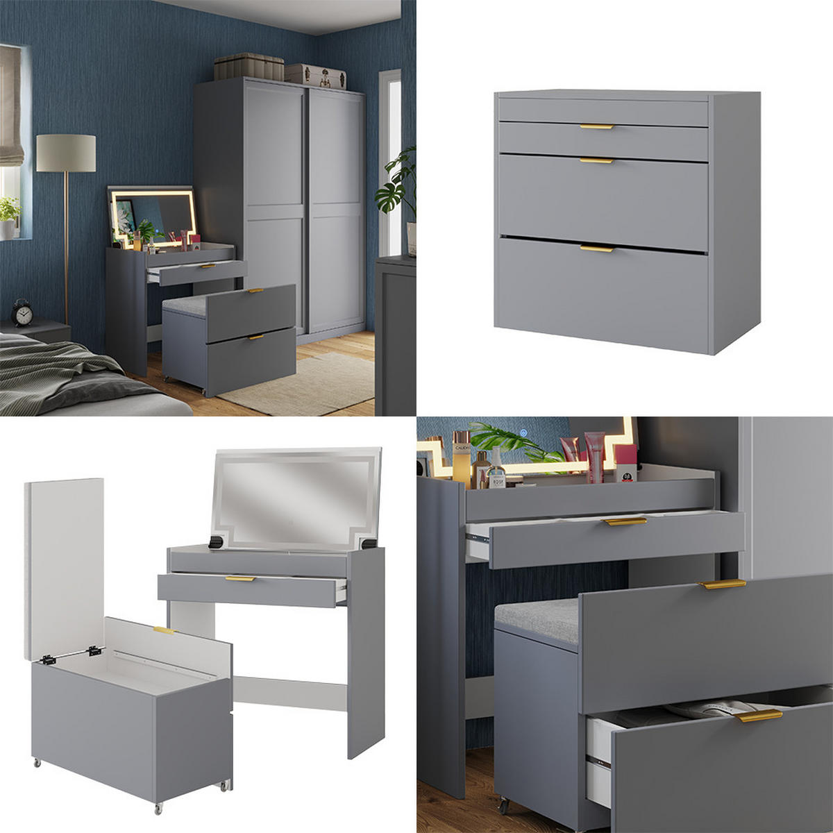 SCHMINKKOMMODE Wanja Grau 80 cm mit Bank und LED Spiegel - Grau, Holzwerkstoff (80/80/46cm) - Vicco