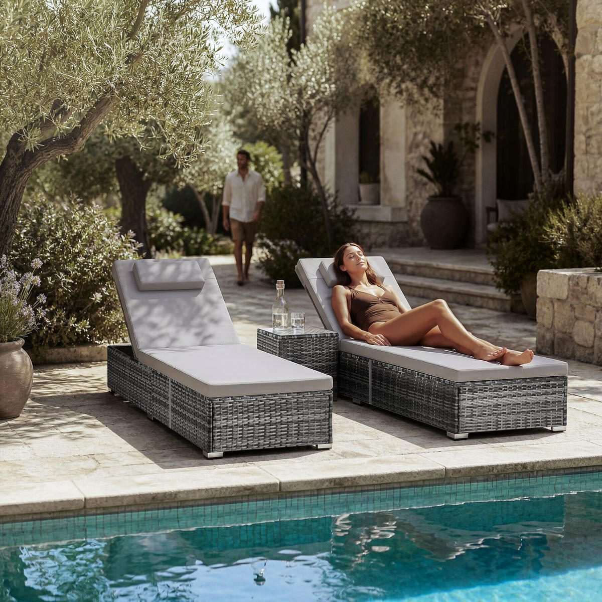 RATTAN-DOPPELLIEGE Carbonera, Belastbarkeit je 200 kg, grau - Grau, Kunststoff (62/36/196cm) - tectake