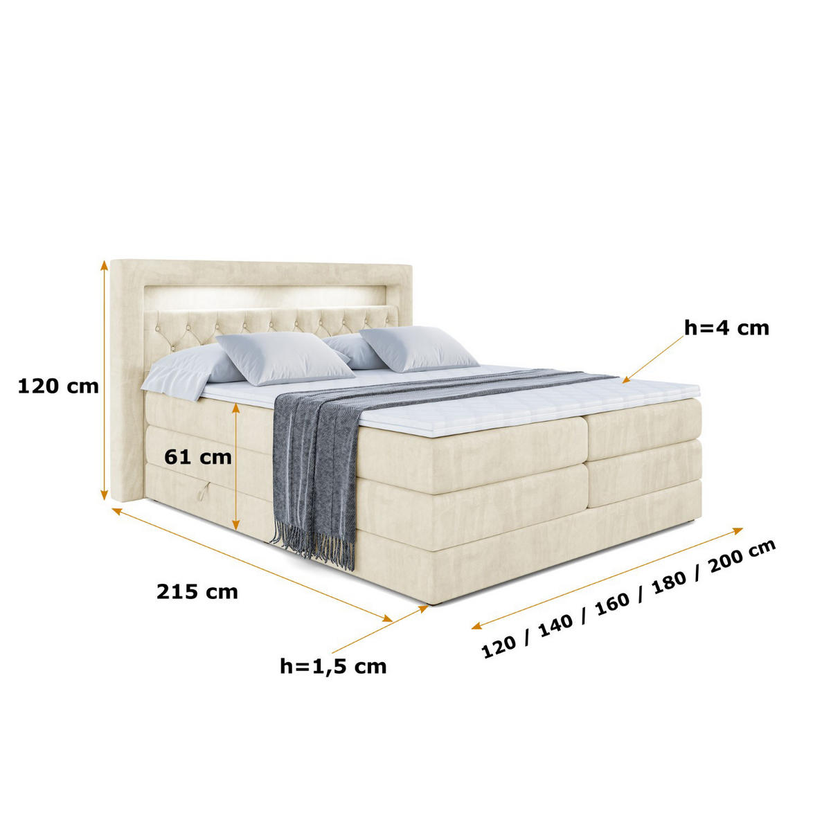 BOXSPRINGBETT NOEL GOLD KING - 180x200 - H3/H4 - Beige - Beige, Holzwerkstoff (180/200cm) - ALTDECOR