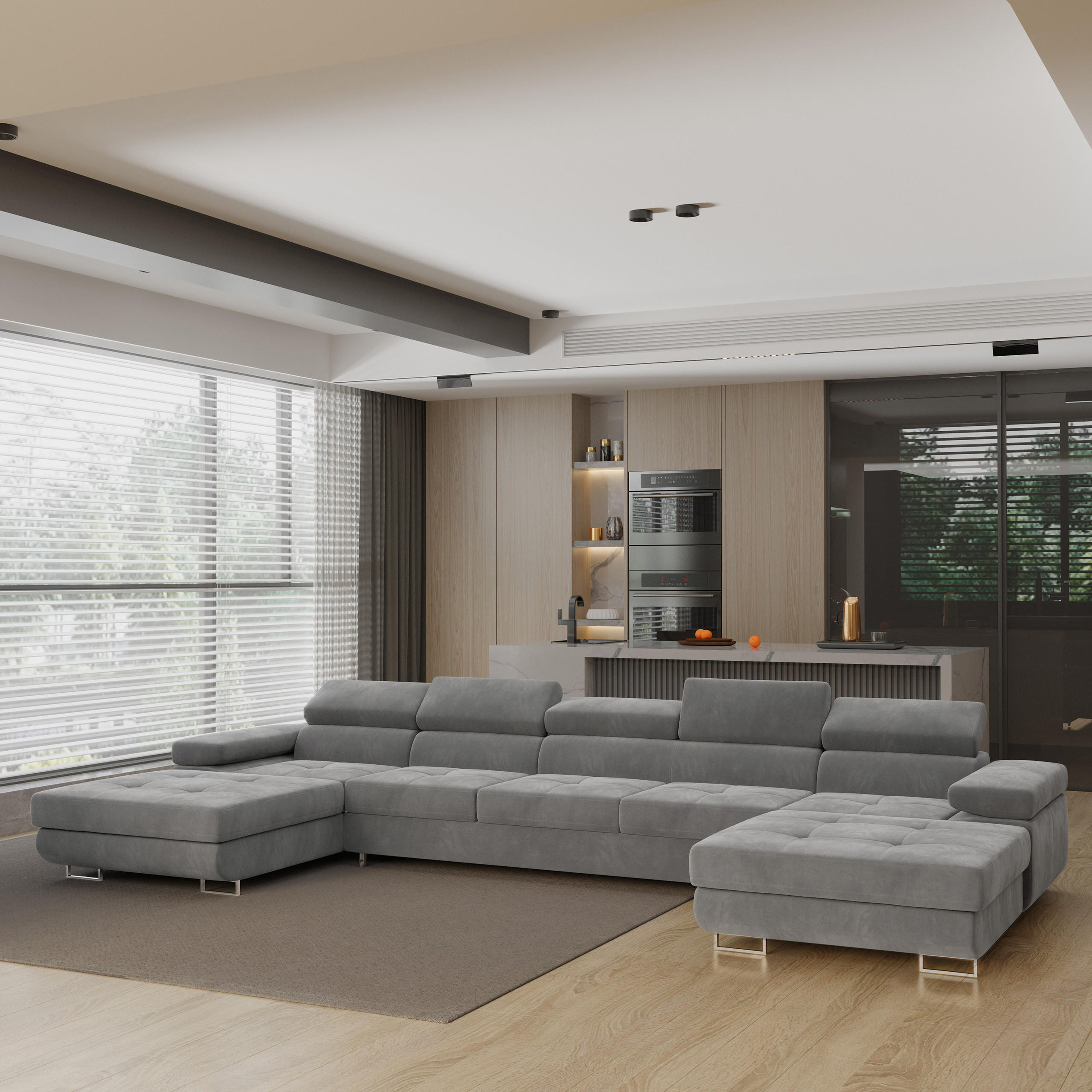 WOHNLANDSCHAFT OMBRA Grau Velours-Stoff mit Schlaffunktion - Grau, Holz (425/90/202cm) - MASSENO